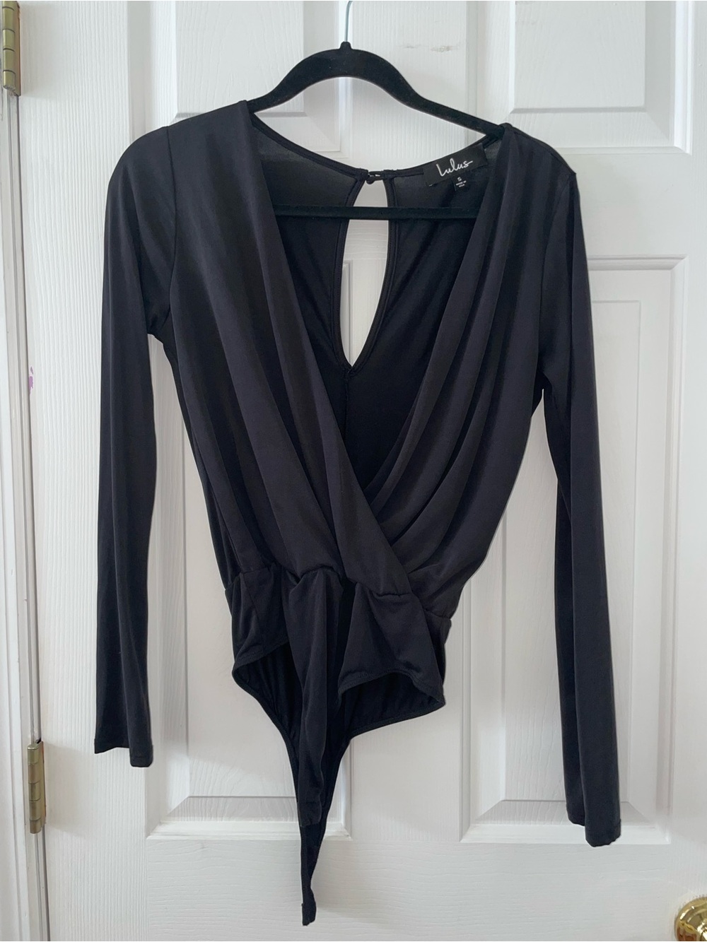 Lulu's Black Long-Sleeve Draped Wrap Bodysuit